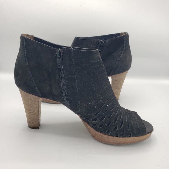 Paul Green Tacey Bootie 9 Black Nubuck Peep Toe Heels Slashed Uppers - Picture 7 of 13